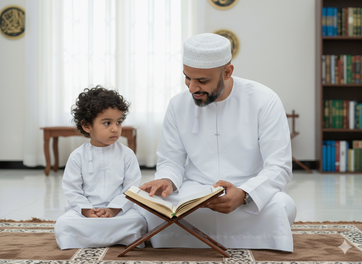 A father and his young son reading the Holy Qur'an together with love and care