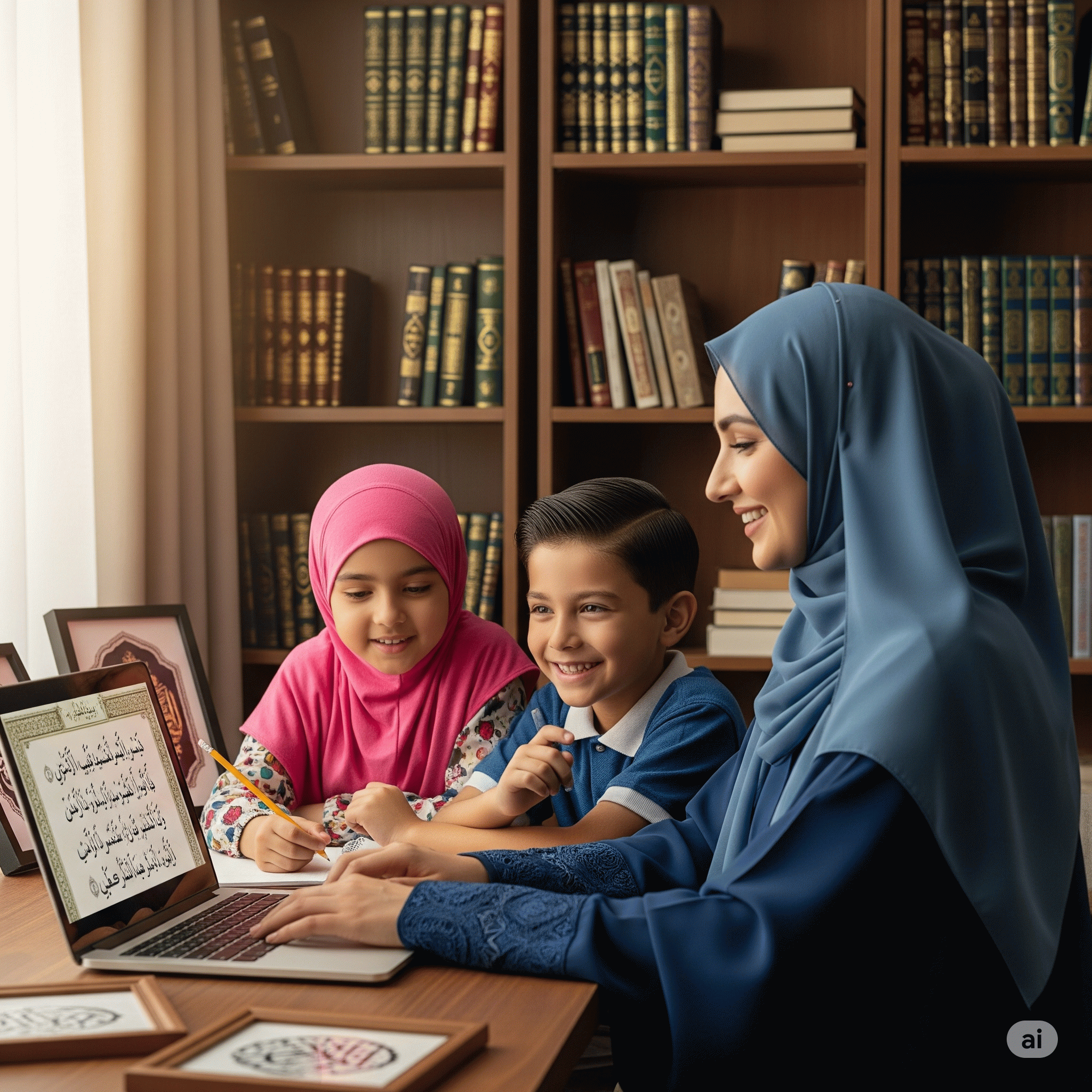 A mother and her two children studying the Qur'an together on a laptop