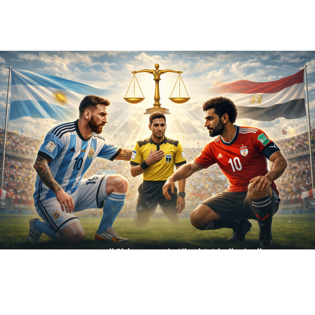 World Cup lessons for Muslims: Egypt vs Argentina match with justice scale symbolizing fair play