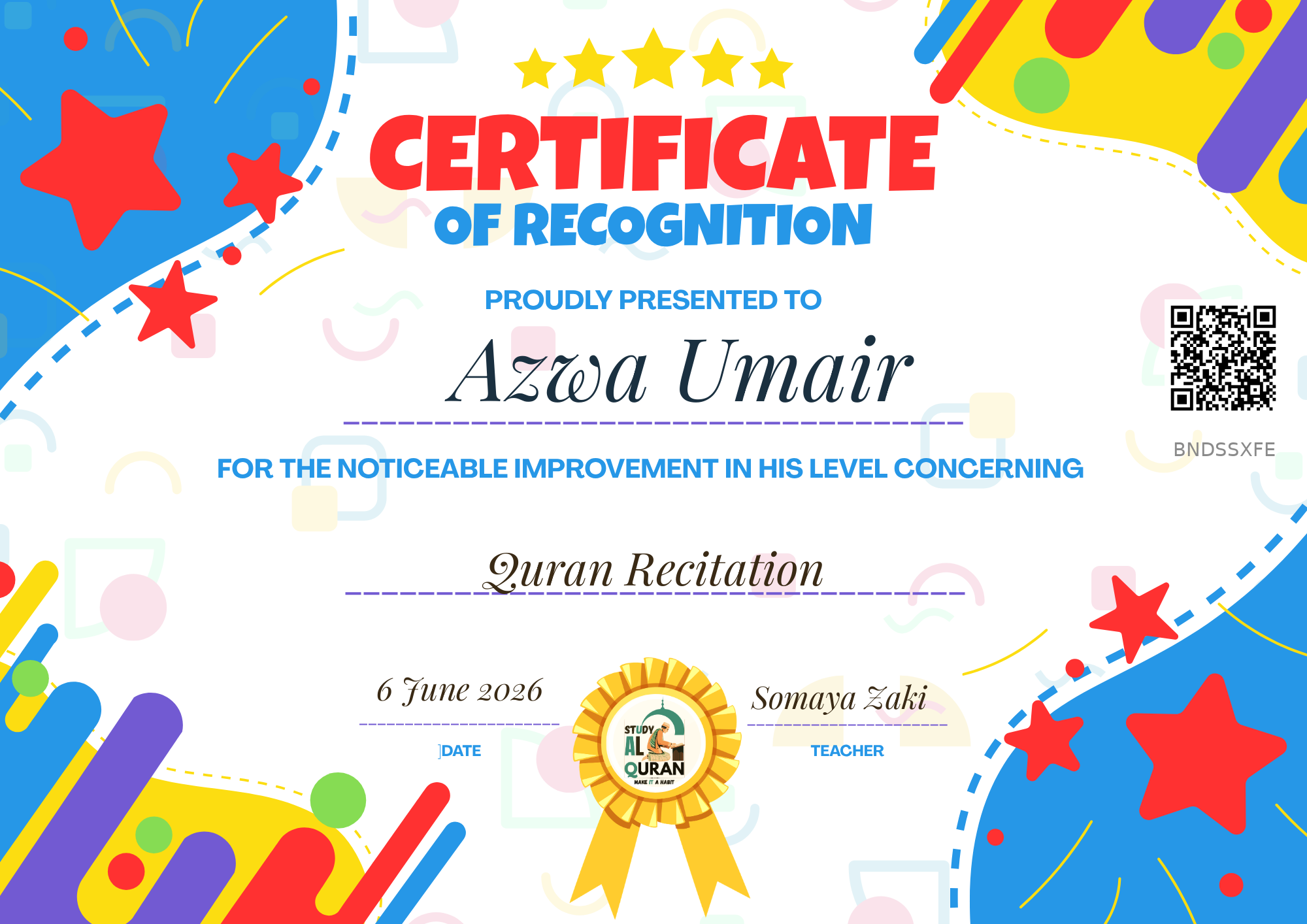 Certificate awarded to Azwa Umair for Quran Recitation at Study AL Quran