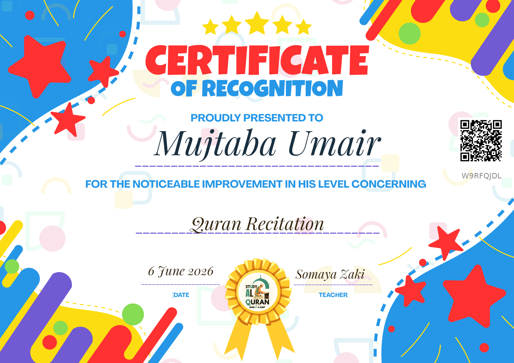 Certificate awarded to Mujtaba Umair for Quran Recitation at Study AL Quran