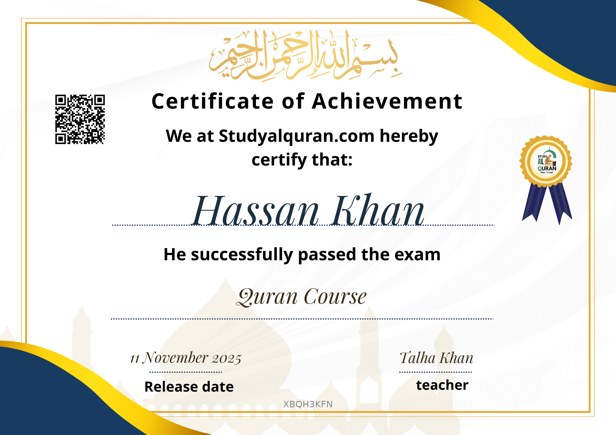 Certificate awarded to Hassan Khan for Quran Course at Study AL Quran